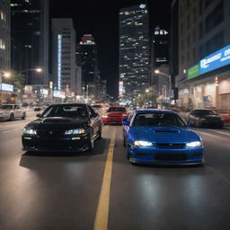 An intense, high-speed action scene featuring customized street racing cars in an urban cityscape at night, inspired by the movie 'The Fast and the Furious'.