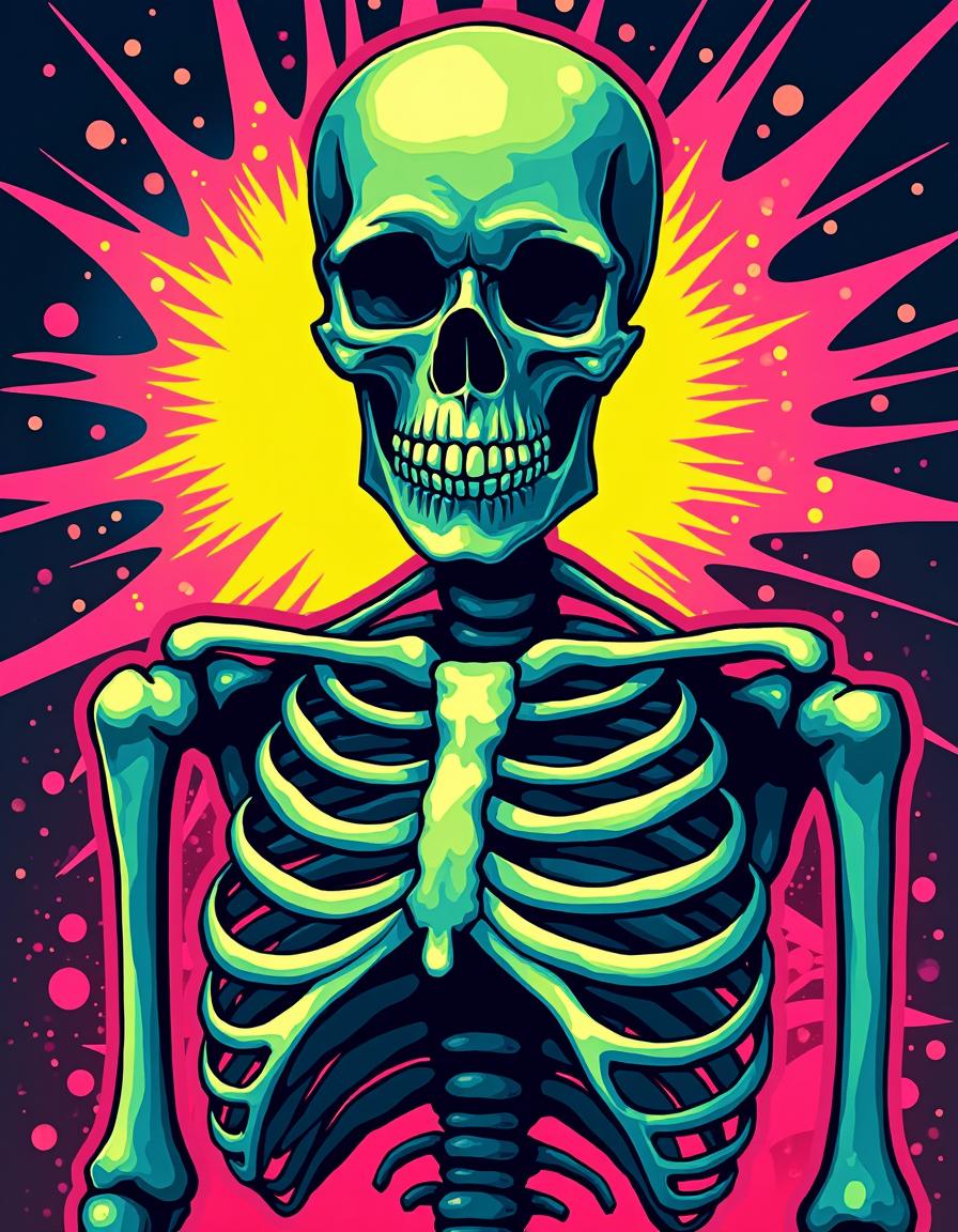 A vibrant and striking poster featuring a neon colored pop art skeleton at the center