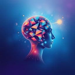 A captivating illustration that encapsulates the power of the human mind, showcasing a profile view of a human head filled with a dynamic blend of colorful light and abstract geometric shapes