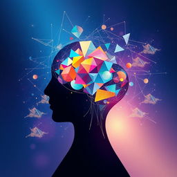 A captivating illustration that encapsulates the power of the human mind, showcasing a profile view of a human head filled with a dynamic blend of colorful light and abstract geometric shapes