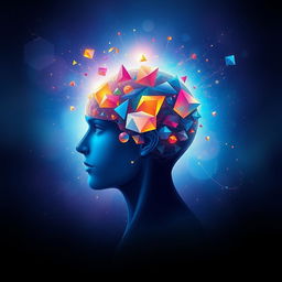 A captivating illustration that encapsulates the power of the human mind, showcasing a profile view of a human head filled with a dynamic blend of colorful light and abstract geometric shapes