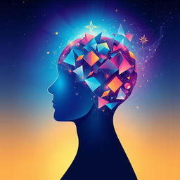 A captivating illustration that encapsulates the power of the human mind, showcasing a profile view of a human head filled with a dynamic blend of colorful light and abstract geometric shapes