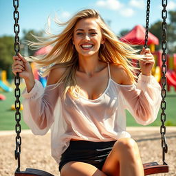 A high-quality photo of a sporty woman with long blonde hair, sitting playfully on a swing and enjoying herself