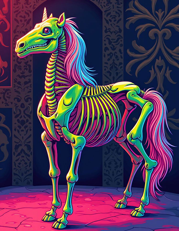 A vibrant neon pop art representation of a unicorn skeleton, featuring bold, bright colors and striking contrasts