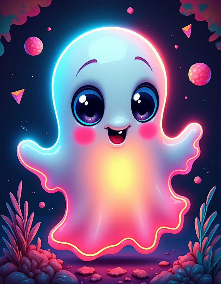 A cute ghost character designed in a vibrant neon pop art style