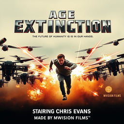 A captivating vintage movie poster styled in the 1960s for 'Age of Extinction,' featuring the title in bold, metallic letters prominently at the top