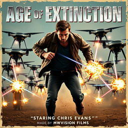 A captivating vintage movie poster styled in the 1960s for 'Age of Extinction,' featuring the title in bold, metallic letters prominently at the top