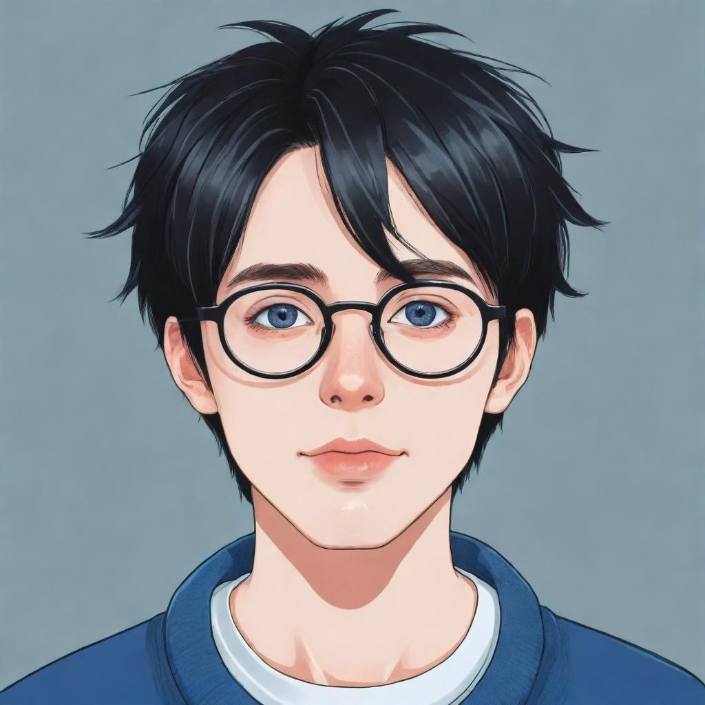 An extremely detailed anime and JRPG art style illustration of a 24-year-old young adult with pale, soft skin, bluish-grey eyes, short and messy black hair. They are wearing large black-framed glasses, a white t-shirt and a blue sweatshirt. Use a tetradic color palette and flat colors with a detailed face in a cartoonish vector style.