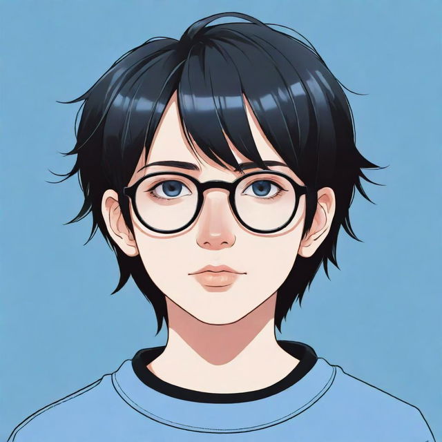 An extremely detailed anime and JRPG art style illustration of a 24-year-old young adult with pale, soft skin, bluish-grey eyes, short and messy black hair. They are wearing large black-framed glasses, a white t-shirt and a blue sweatshirt. Use a tetradic color palette and flat colors with a detailed face in a cartoonish vector style.