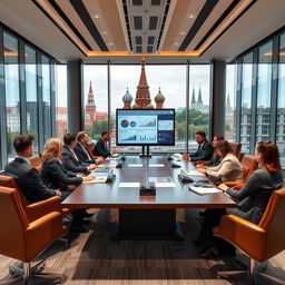 A sophisticated conference room in Moscow, with a large rectangular table at the center, surrounded by elegant leather chairs