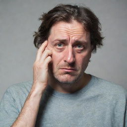 A man appearing tired with signs of fatigue on his face, droopy eyes and disheveled hair.