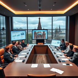 A sophisticated conference room in Moscow, with a large rectangular table at the center, surrounded by elegant leather chairs