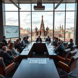 A sophisticated conference room in Moscow, with a large rectangular table at the center, surrounded by elegant leather chairs