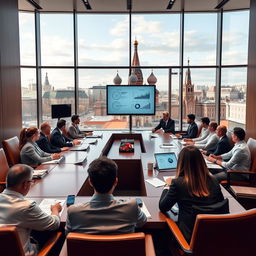 A sophisticated conference room in Moscow, with a large rectangular table at the center, surrounded by elegant leather chairs