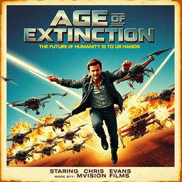 A vibrant 1960s vintage movie poster for 'Age of Extinction,' prominently featuring the title in large, bold metallic letters at the top