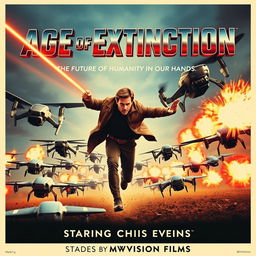 A vibrant 1960s vintage movie poster for 'Age of Extinction,' prominently featuring the title in large, bold metallic letters at the top