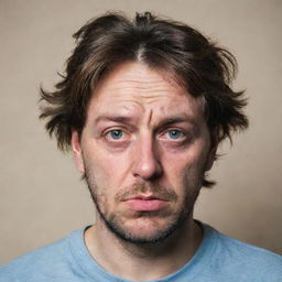 A man appearing tired with signs of fatigue on his face, droopy eyes and disheveled hair.