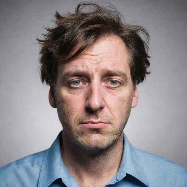 A man appearing tired with signs of fatigue on his face, droopy eyes and disheveled hair.