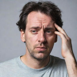 A man appearing tired with signs of fatigue on his face, droopy eyes and disheveled hair.