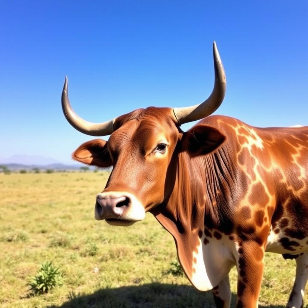 An African cow standing majestically in a grassland under a clear blue sky, featuring unique patterns on its coat in shades of brown and white