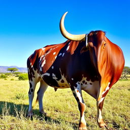 An African cow standing majestically in a grassland under a clear blue sky, featuring unique patterns on its coat in shades of brown and white