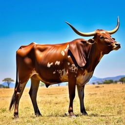 An African cow standing majestically in a grassland under a clear blue sky, featuring unique patterns on its coat in shades of brown and white