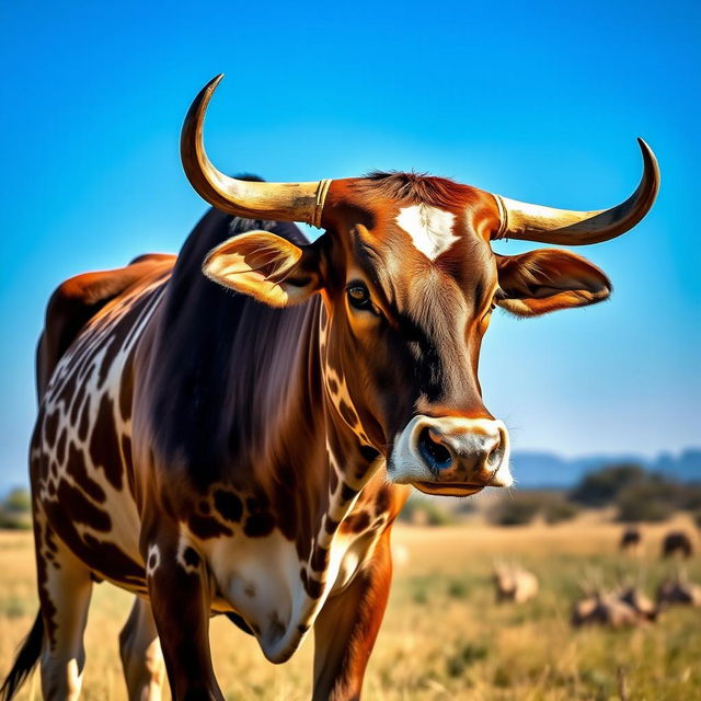 An African cow standing majestically in a grassland under a clear blue sky, featuring unique patterns on its coat in shades of brown and white