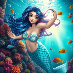 A mermaid with beautiful flowing hair, adorned with vibrant scales in shades of blue and green, swimming gracefully underwater among colorful coral reefs and exotic fish