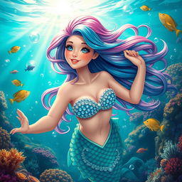 A mermaid with beautiful flowing hair, adorned with vibrant scales in shades of blue and green, swimming gracefully underwater among colorful coral reefs and exotic fish