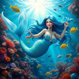 A mermaid with beautiful flowing hair, adorned with vibrant scales in shades of blue and green, swimming gracefully underwater among colorful coral reefs and exotic fish