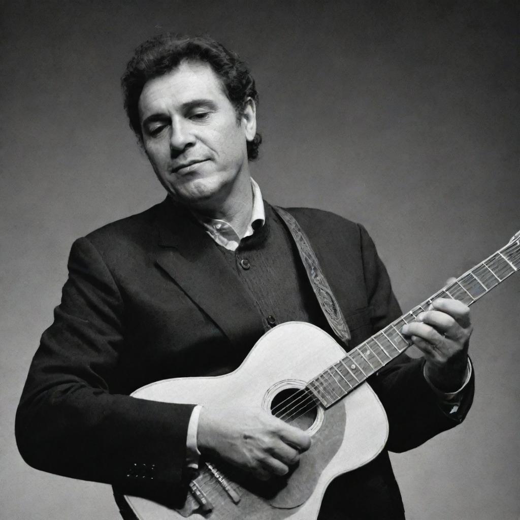 An Argentinian guitarist from the 1960s named Joan Echeverri, passionately playing on stage with an aura of vintage charm surrounding him.