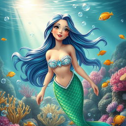 A mermaid with beautiful flowing hair, adorned with vibrant scales in shades of blue and green, swimming gracefully underwater among colorful coral reefs and exotic fish