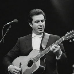 An Argentinian guitarist from the 1960s named Joan Echeverri, passionately playing on stage with an aura of vintage charm surrounding him.