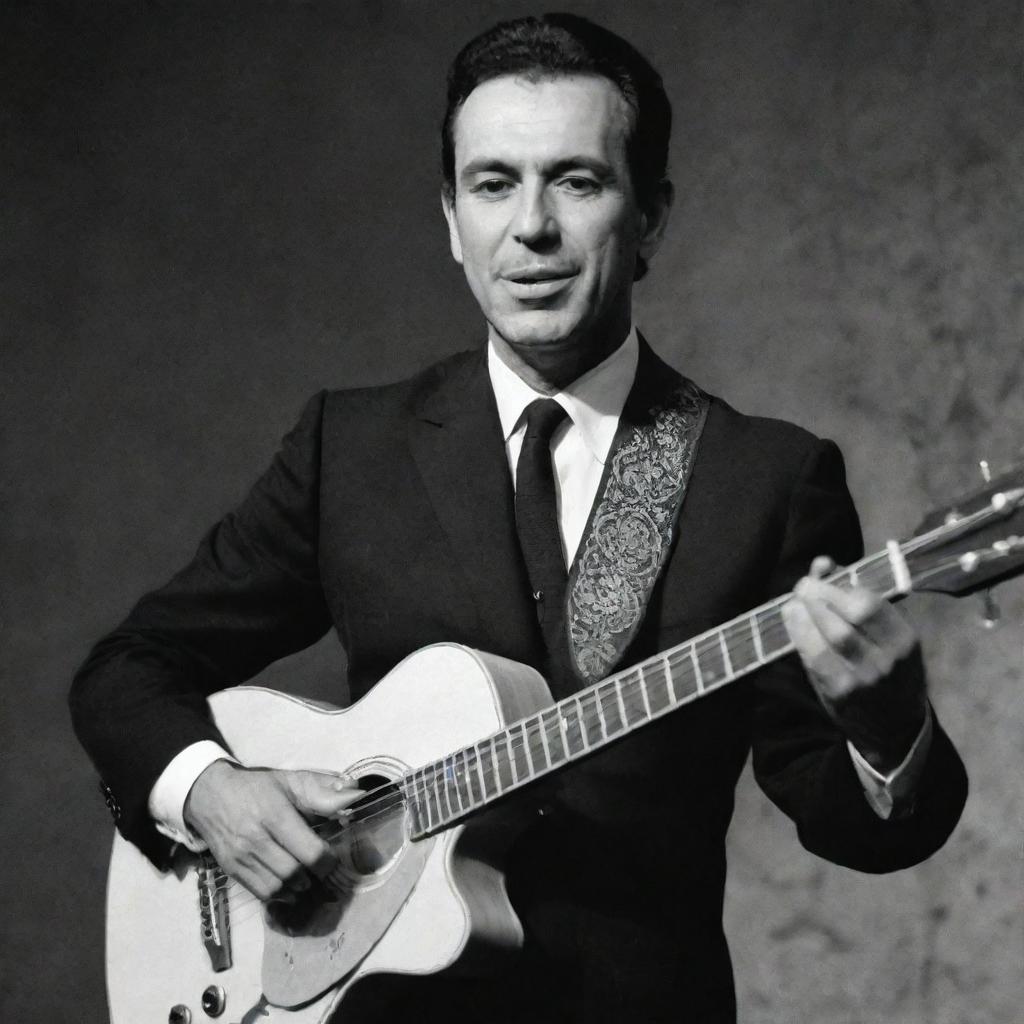 An Argentinian guitarist from the 1960s named Joan Echeverri, passionately playing on stage with an aura of vintage charm surrounding him.