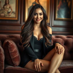 A beautiful young woman sitting elegantly on a plush velvet couch, wearing a fashion-forward outfit that exudes confidence and style