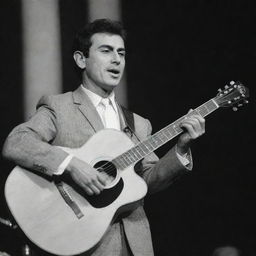 An Argentinian guitarist from the 1960s named Joan Echeverri, passionately playing on stage with an aura of vintage charm surrounding him.