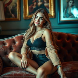 A beautiful young woman sitting elegantly on a plush velvet couch, wearing a fashion-forward outfit that exudes confidence and style