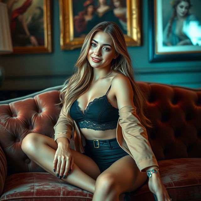 A beautiful young woman sitting elegantly on a plush velvet couch, wearing a fashion-forward outfit that exudes confidence and style