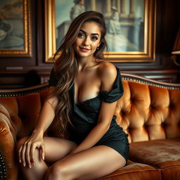 A beautiful young woman sitting elegantly on a plush velvet couch, wearing a fashion-forward outfit that exudes confidence and style