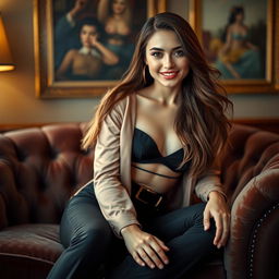 A beautiful young woman sitting elegantly on a plush velvet couch, wearing a fashion-forward outfit that exudes confidence and style