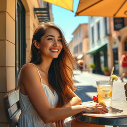 A young woman sitting at a café, enjoying a sunny afternoon