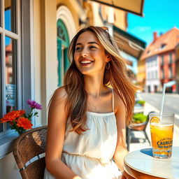 A young woman sitting at a café, enjoying a sunny afternoon