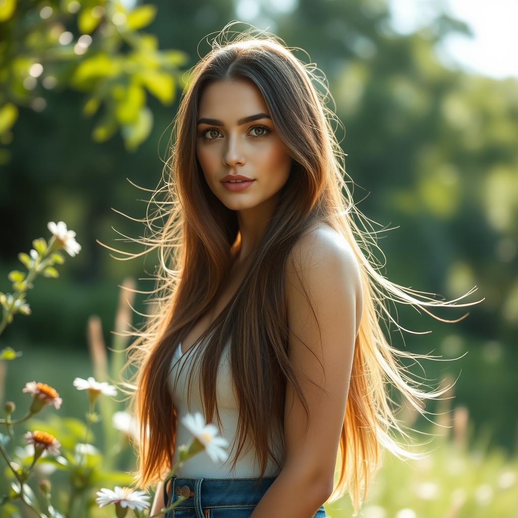 A stunning woman in a serene landscape, standing confidently in a natural setting surrounded by lush greenery and soft sunlight filtering through the leaves