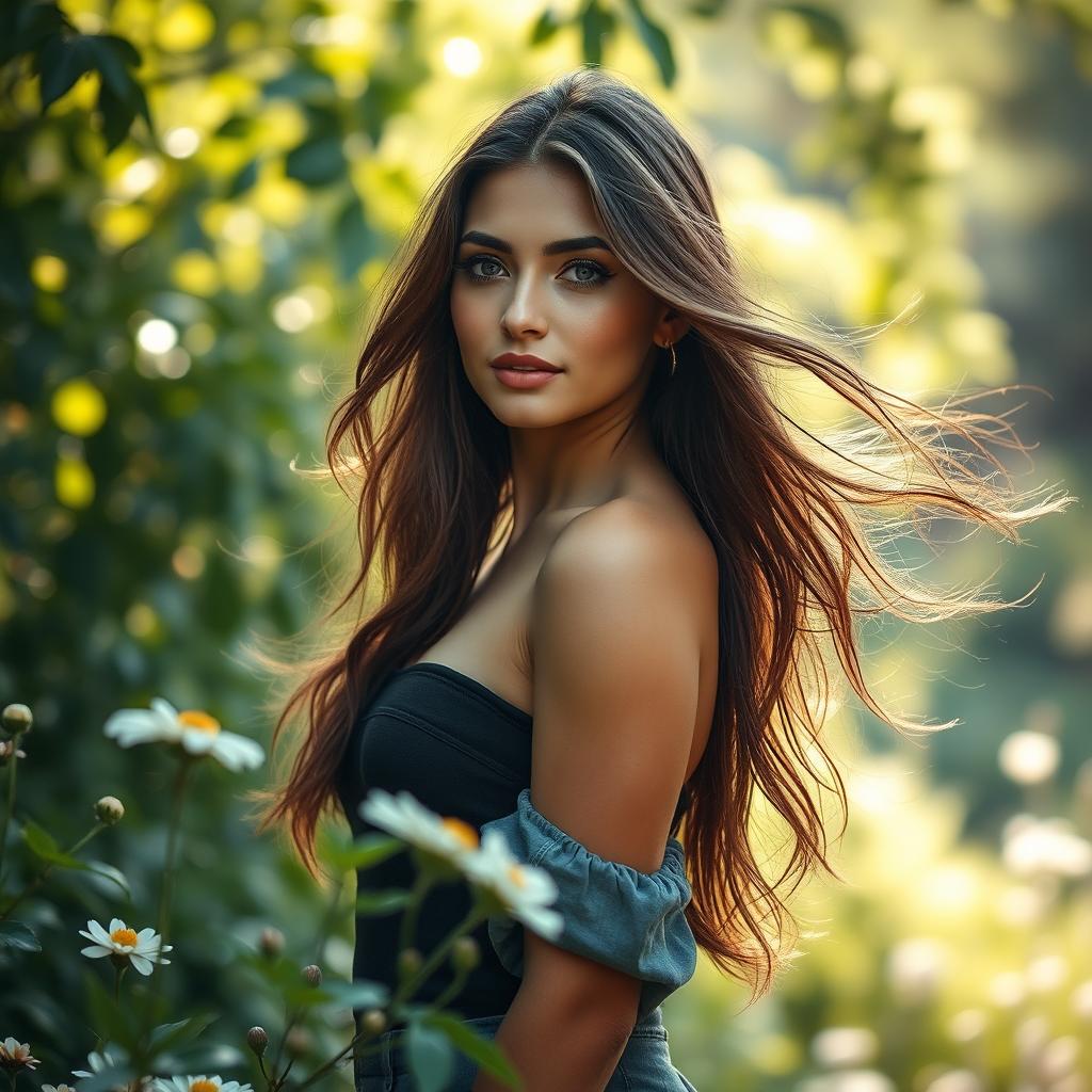 A stunning woman in a serene landscape, standing confidently in a natural setting surrounded by lush greenery and soft sunlight filtering through the leaves