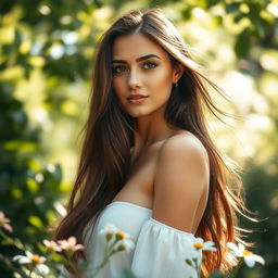 A stunning woman in a serene landscape, standing confidently in a natural setting surrounded by lush greenery and soft sunlight filtering through the leaves