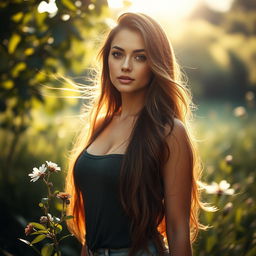 A stunning woman in a serene landscape, standing confidently in a natural setting surrounded by lush greenery and soft sunlight filtering through the leaves