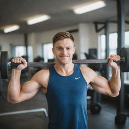 A fit and energetic young man in workout attire, lifting weights inside a bright, well-equipped gym.