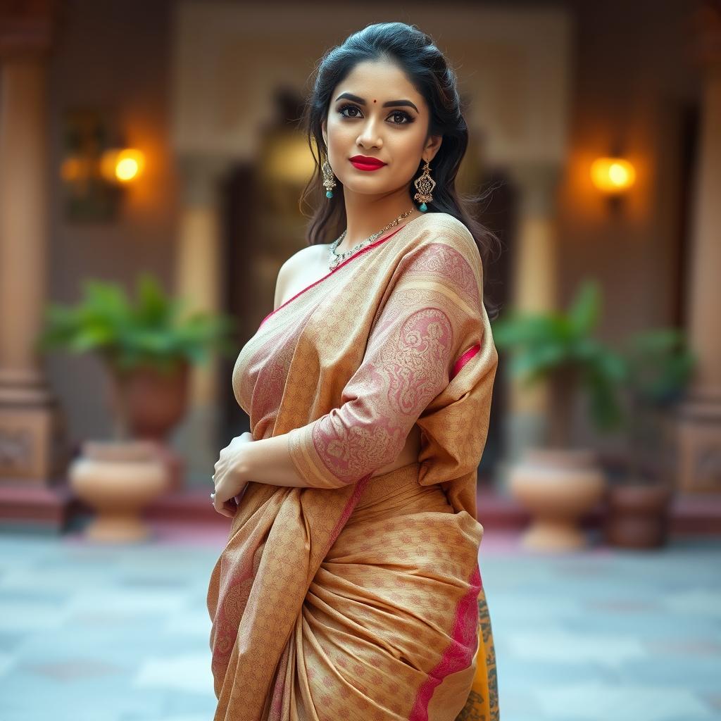 An elegant Indian woman wearing a loosely draped saree that flows gracefully around her