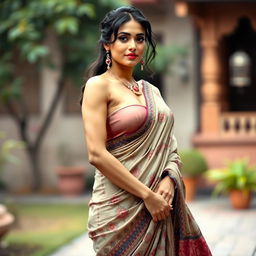 An elegant Indian woman wearing a loosely draped saree that flows gracefully around her