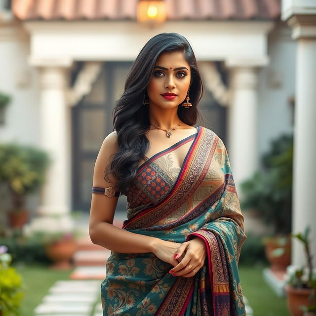 An elegant Indian woman wearing a loosely draped saree that flows gracefully around her